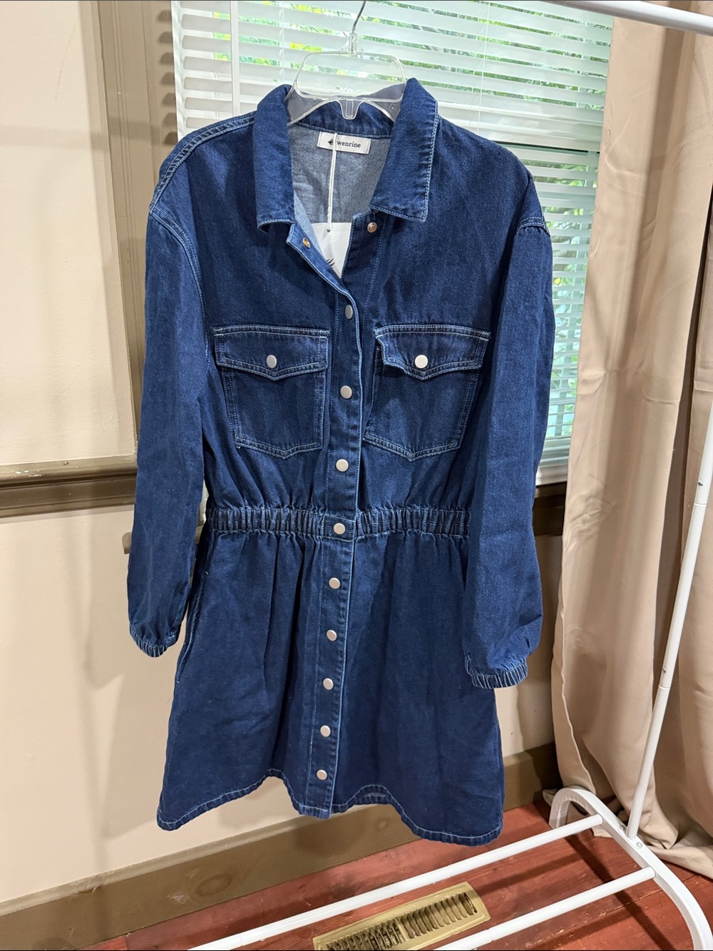 Denim Shirt Dress with Elastic Waist - Blue